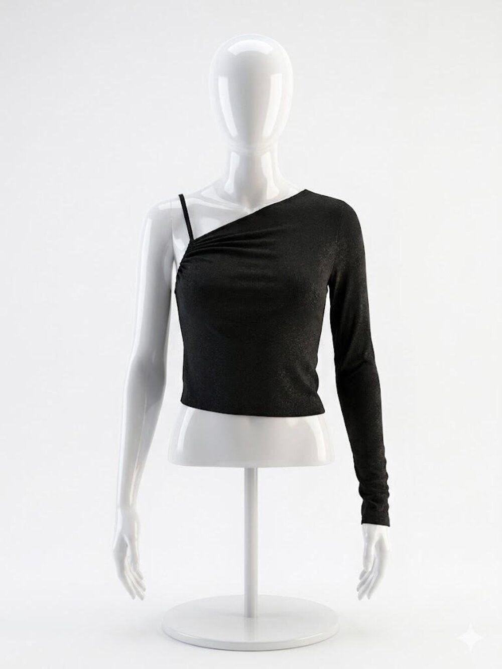 Mango MNG Y2K Black Asymmetrical One Shoulder Ruched Long Sleeve Top Size S